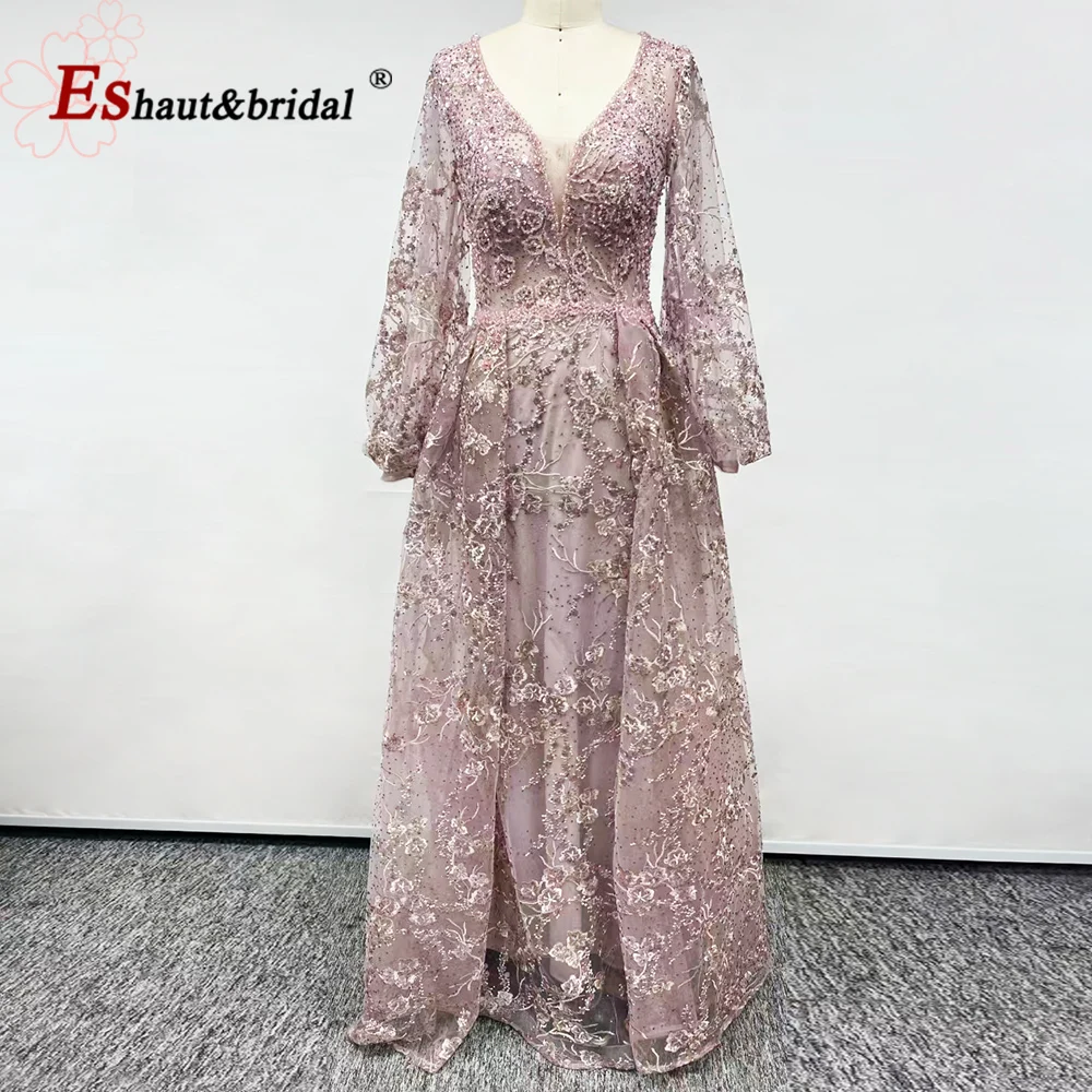 Elegant Dubai Muslim Lace Evening Dress for Women 2023 V Neck Long Sleeves Plus Size  Crystal Formal Prom Wedding Party Gowns