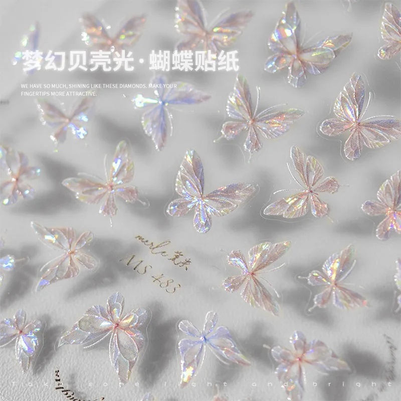1PC 5D Glitter Butterfly Nail Stickers Kawaii Aurora Butterfly Nail Art Charms Decorations Decals DIY Manicure Adhesive Slider