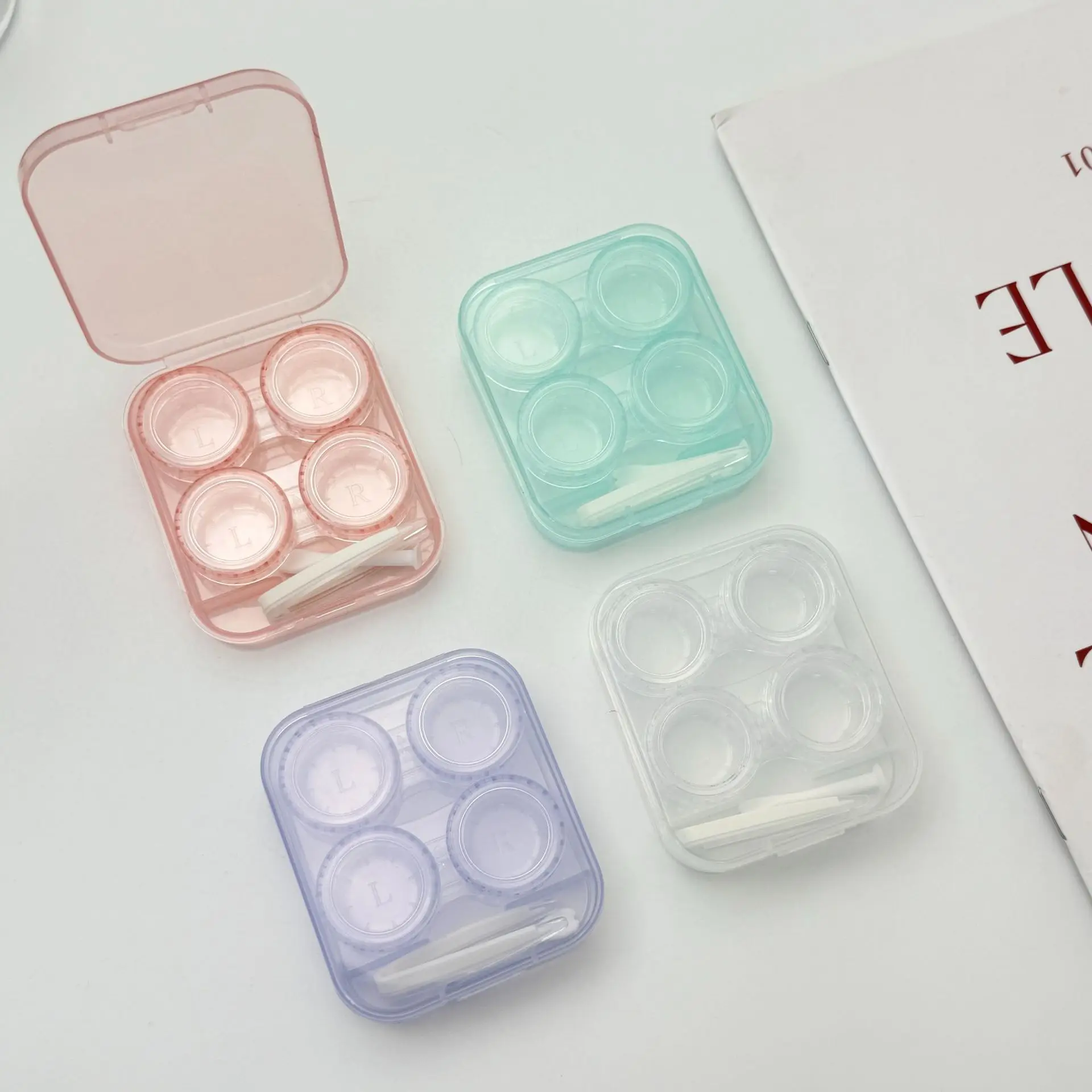 2pair Candy Color Contact Lenses Box with Tweezer Suction Stick Portable Contact Lens Case Travel Makeup Accessories