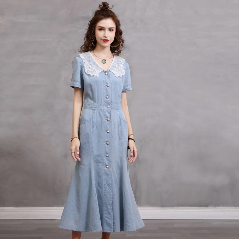 #2781Summer Light Blue Denim Dress Women Short Sleeve Single Breasted Shirt Dress Ladies Vintage Mermaid Dress Female Embroidery