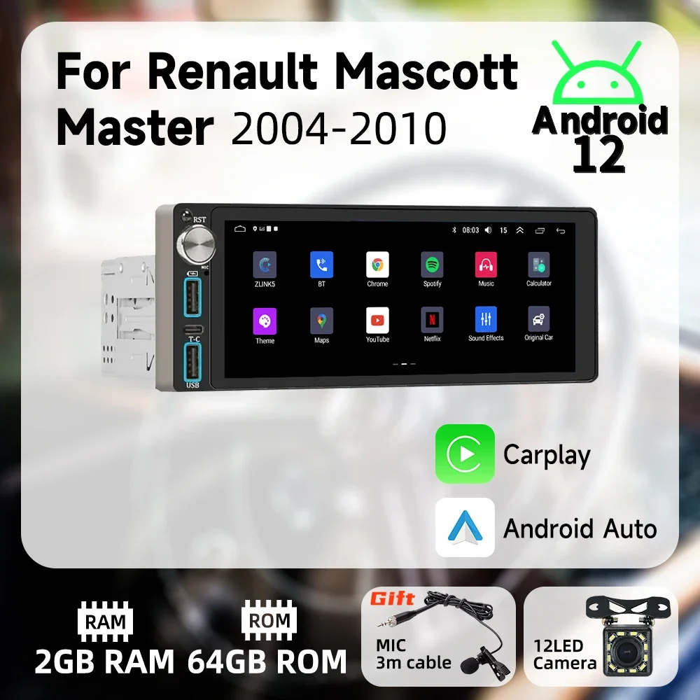 

Carplay 1-диночное радио Android автомобильное мультимедиа для Renault Mascott Master 2004-2010 6,86 "экран головное устройство авторадио GPS-навигация