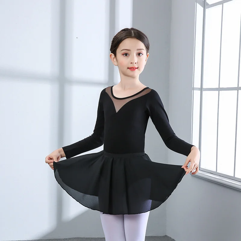 2020 new Long sleeve children's perspective round neck one piece dance skirt suit practice Dress Ballet Dress