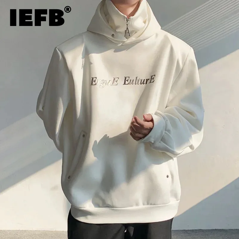 IEFB Fashion Casual Men\'s Hoodies Sequin Metal Shoulder Pads High Neck Pullover Top 2023 Autumn Winter New Solid Color 9C3654