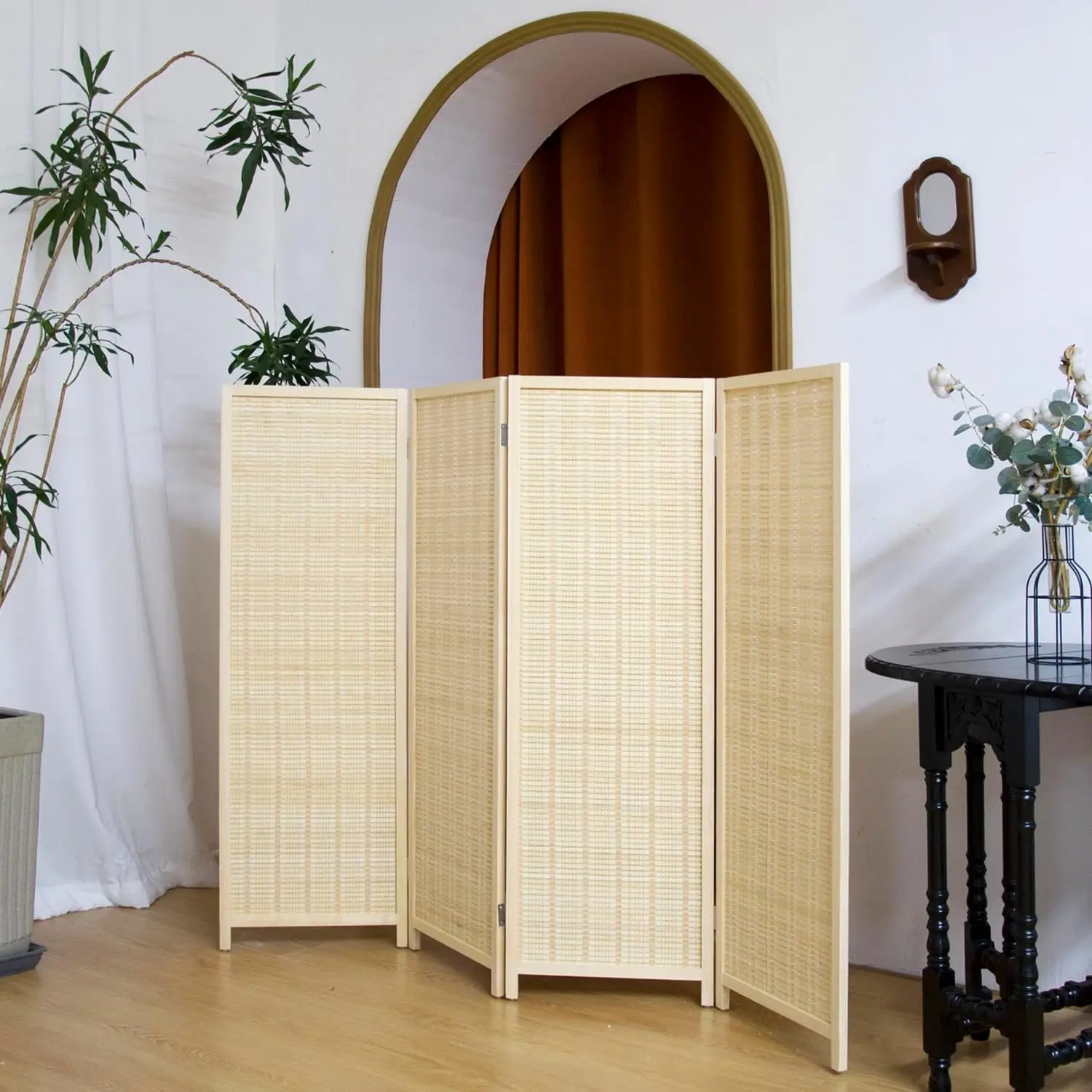 Separador de ambientes de 4 paneles cortos, biombo plegable de bambú de 3.95 pies de altura, separador de ambientes independiente de paneles cortos