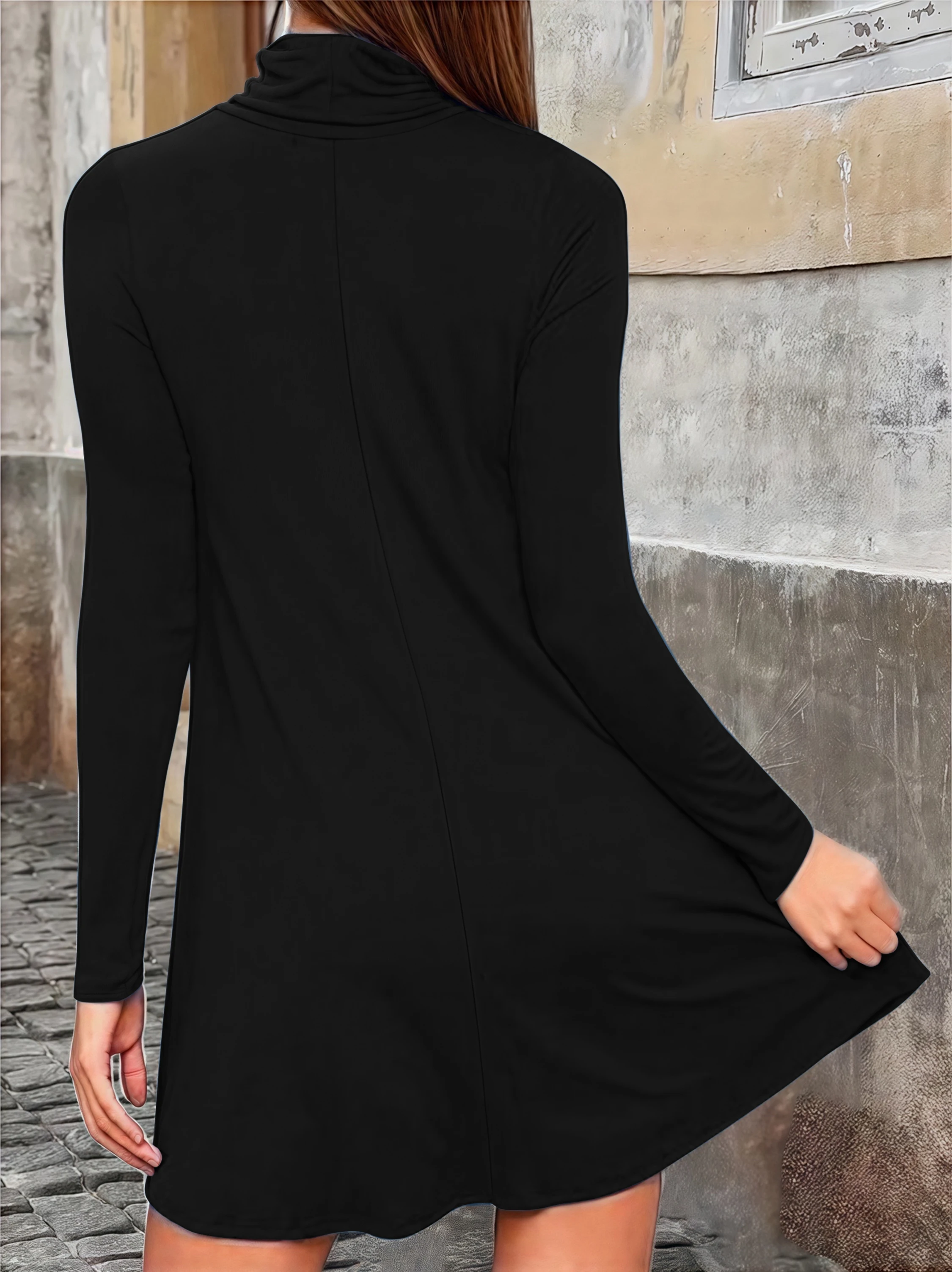 فستان أنيق بياقة مدورة بلون سادة للنساء، ملابس مكتبية بمقاس كبير، فستان متعدد الاستخدامات للخريف والشتاء بأكمام طويلة #5