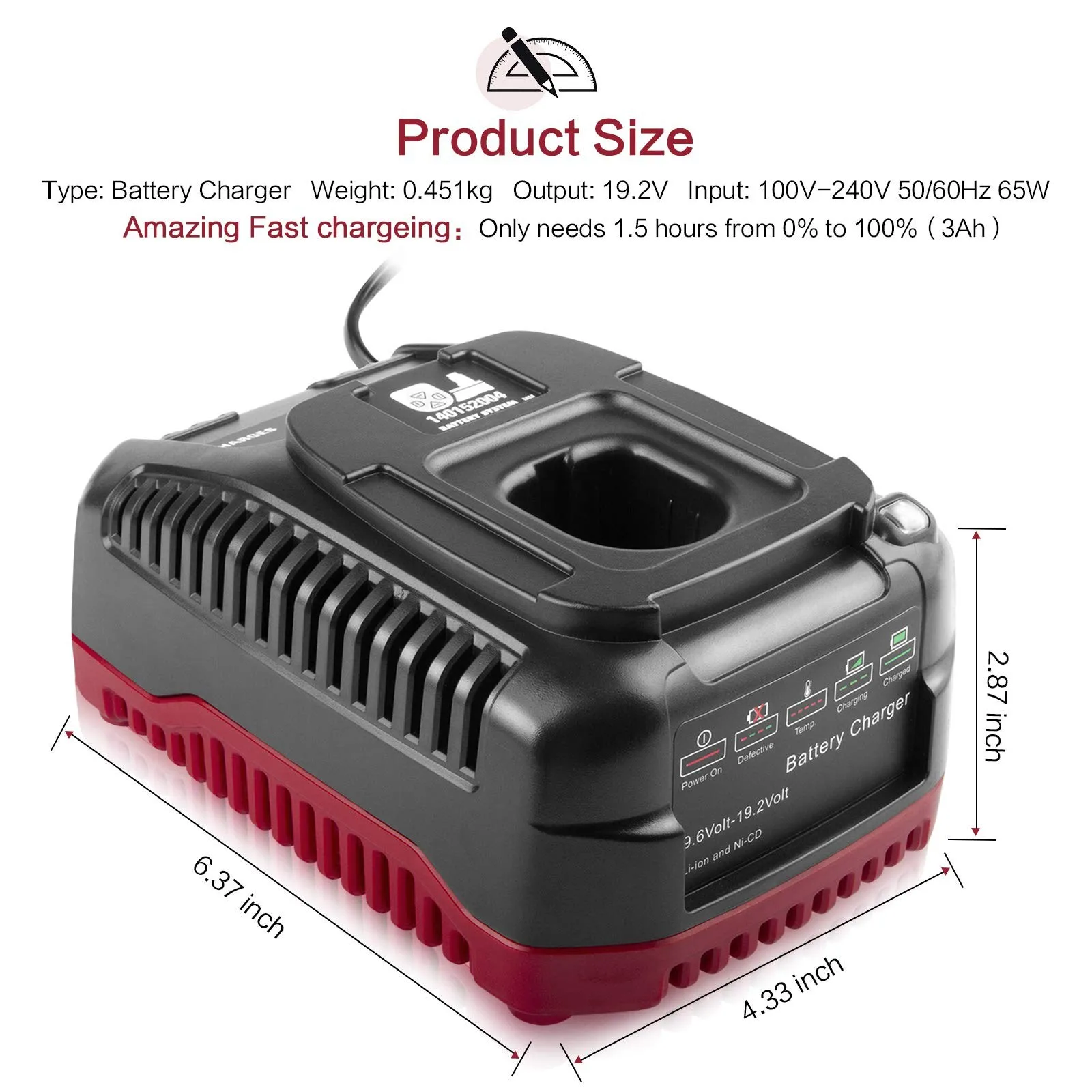 19.2 Volt C3 Battery Charger Replacement for Craftsman 19.2 Volt Lithium & Ni-Cad Battery 315.PP2010 315.PP2011 US Plug view 3