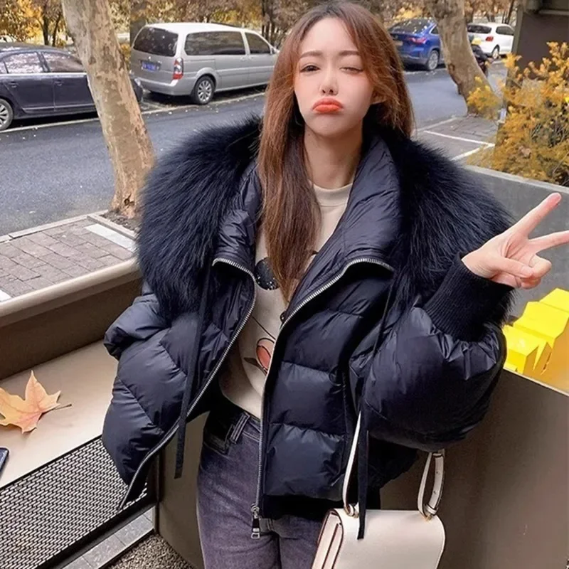 Winter Women's Zip Warm Down Jacket with Natural Raccon Collar Removable Large Fur Collar Women Loose Coat Spliced Knitted Cuffs