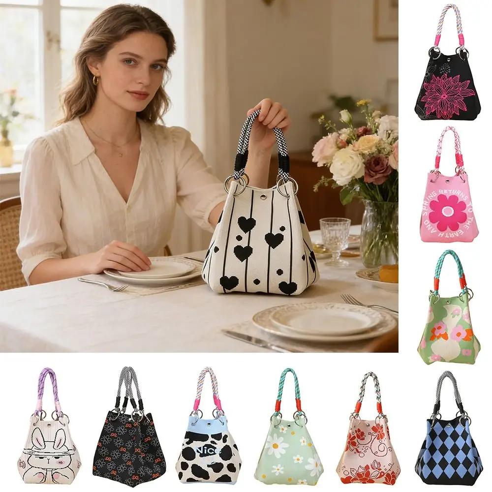 Portable Cartoon Knitted Bucket Bag Large Capacity Handmade Wrist Bag Woven Ring Buckle Shoulder Bag for Women Girls