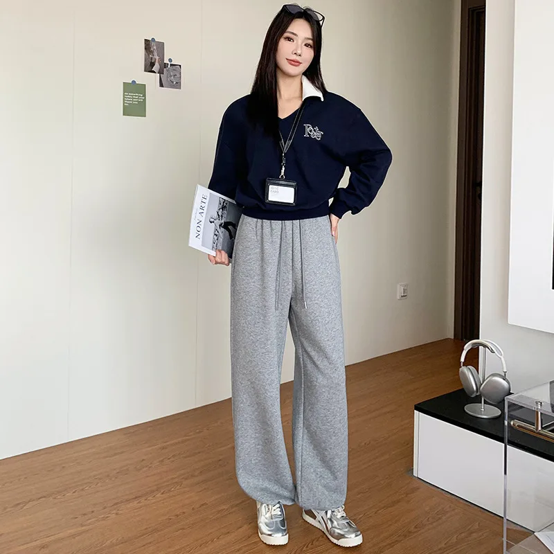 Pantaloni a gamba larga Nappa Elastico in vita Dritto Donna Autunno Ricamo Raccordo Boho Urban Leisure Fodera Anti-freddo Pieghettato Semplice