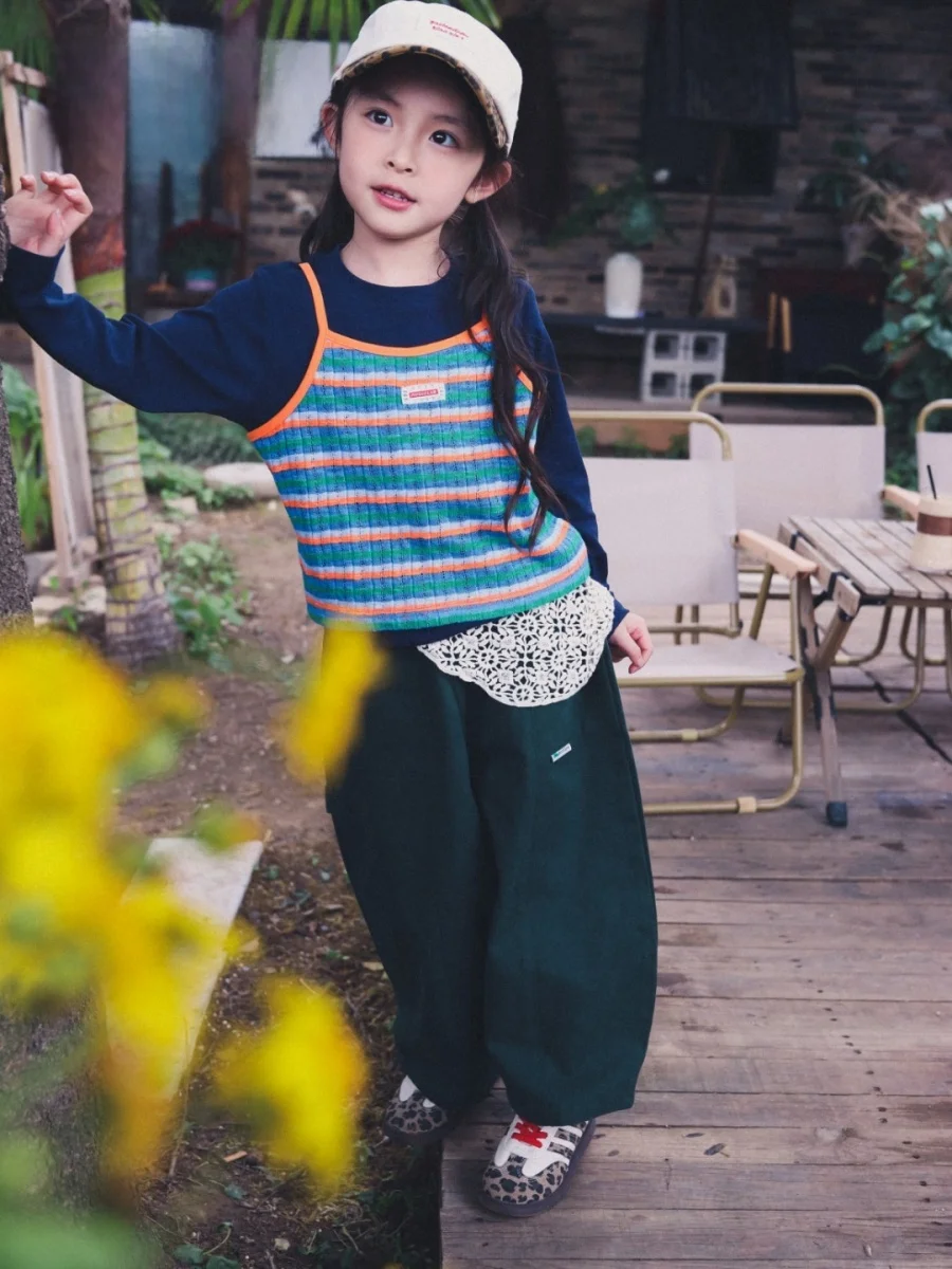 Outdoor Children's Long Sleeve T-Shirt Striped Base Layer Shirt for Girls Spring Autumn Style Mountain Series Slim Fit Cotton...