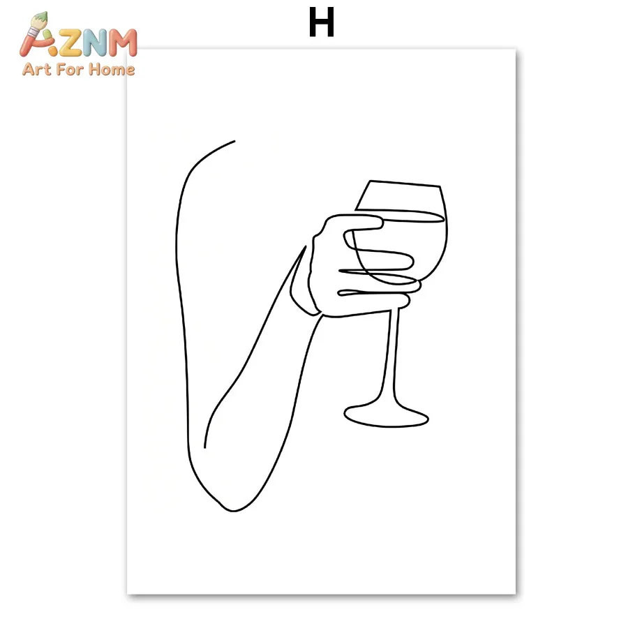 AZNM Minimalist Line Art Canvas Wall Art Coffee Moka Pot Pear Strawberry Wine Glass Botanical Beige Neutral Tone Abstract Print