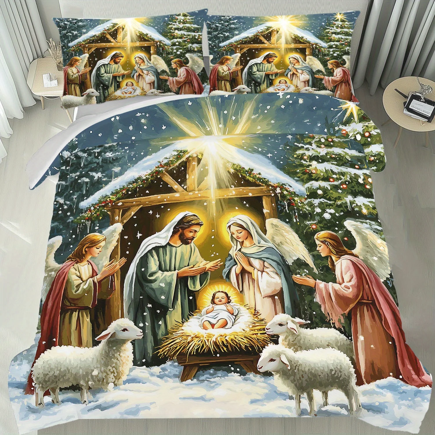 Latacaca 3pcs Duvet Cover Set, 1 Duvet Cover + 2 Pillowcases, Featuring A Peaceful Nativity Scene with Jesus, Mary, Joseph