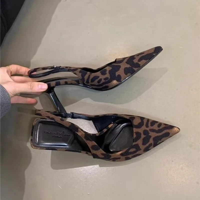 Fresh Elegant Leopard Print Women High Heel Sandals 2026 New Cushioned Sole Fairy Height Enhancing Petite