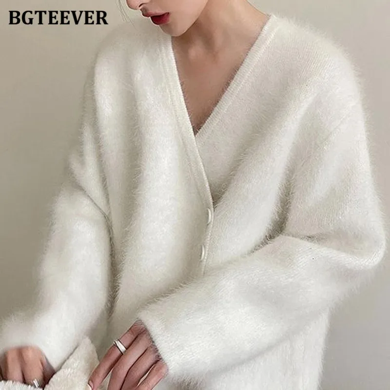 BGTEEVER Winter Warm Irregular Knitted Cardigans Women Elegant Long Sleeve Double Breasted Loose Female Sweaters Coat