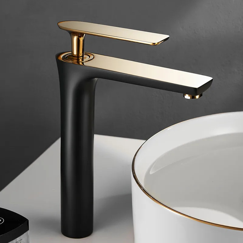 Grifo de lavabo de oro negro de cobre, grifo de fregadero de agua fría y caliente, grifo de baño elevado blanco