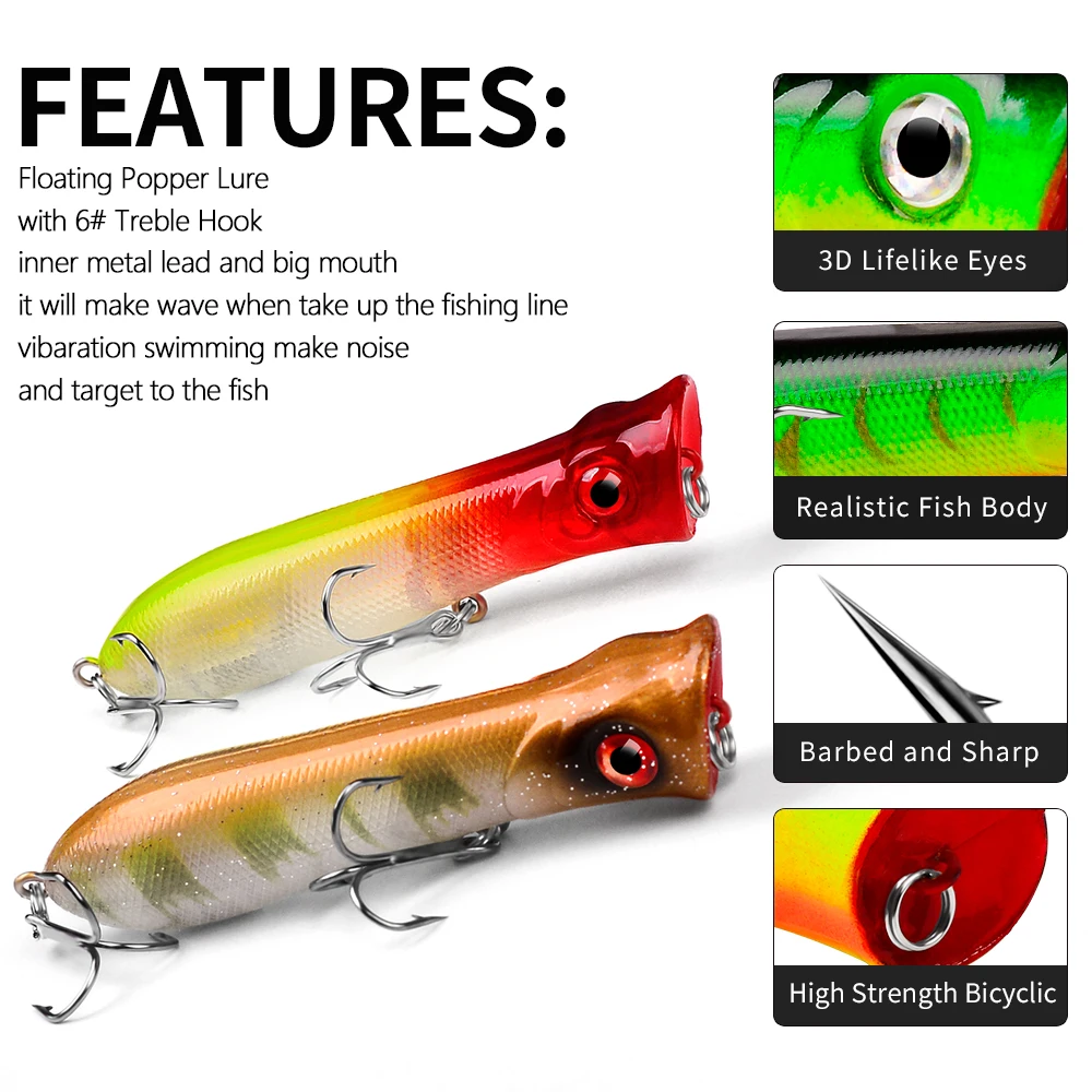 

PROBEROS Popper Lure Floating Fishing Lure 10.5g 8cm Saltwater Artificial Hard Bait for Pike Bass Trout Topwater Fishing Bait
