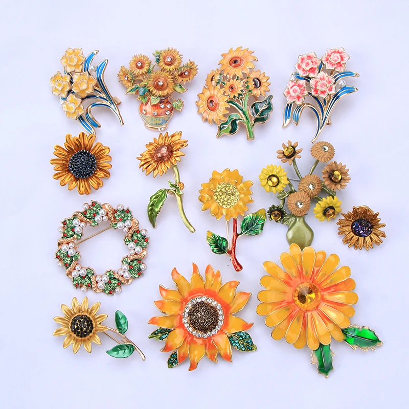Gold Plated Enamel Rhinestone Sunflower Flower Brooch Floral Wreath Daisy Crystal Lapel Pin Mixed Styles