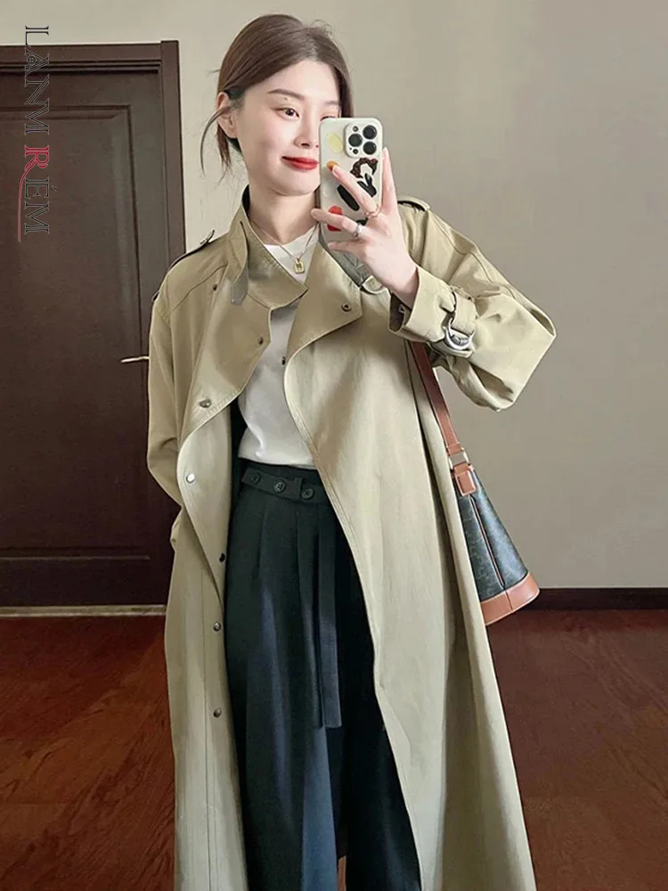 

LANMREM British Style Windbreaker For Women Mid Length Khaki Color Long Sleeves Single Breasted Female Chic Coat New 2DA9145