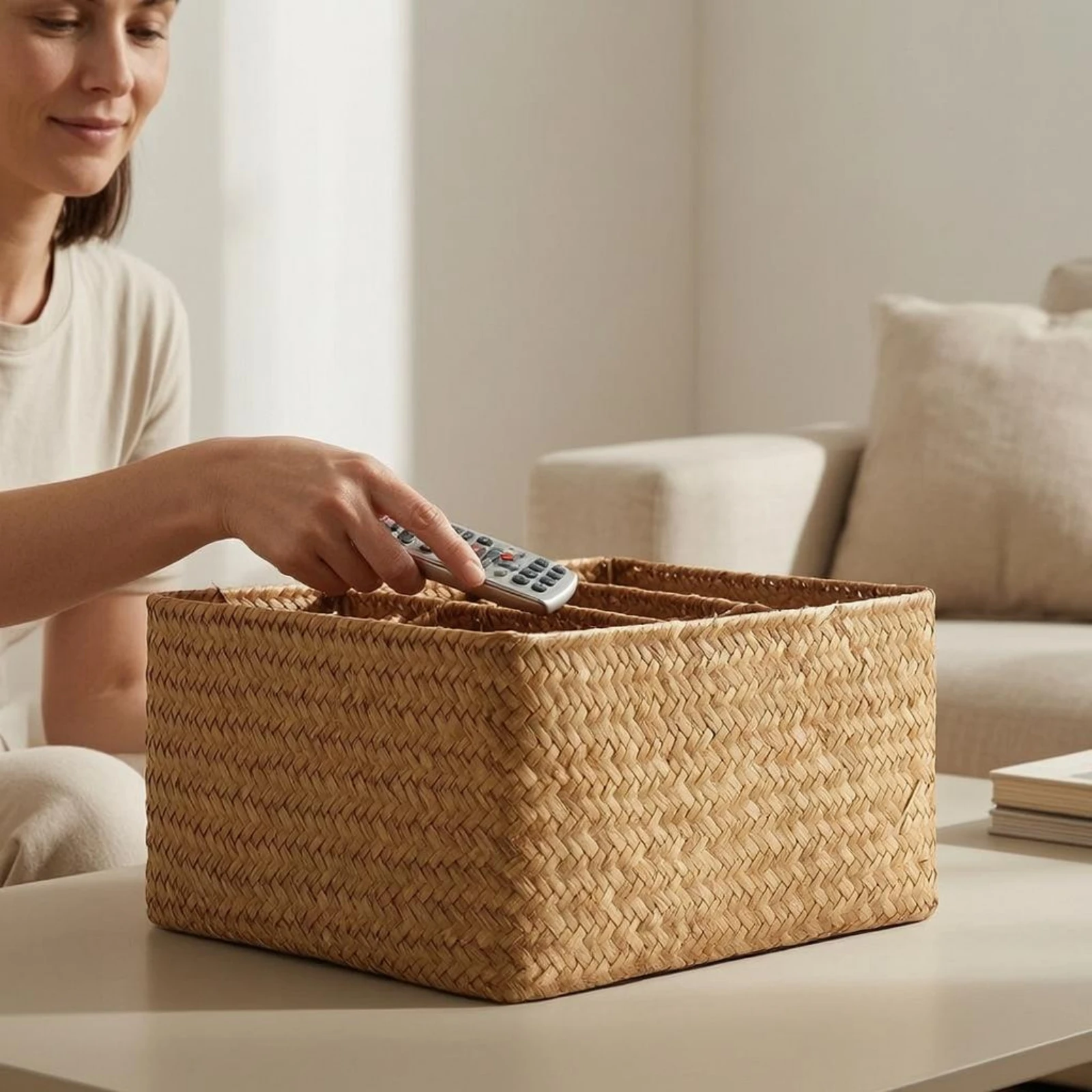 

3 Section Wicker Basket Tabletop Handwoven Rectangle Basket Desk Organizer Natural-Looking Imitation Rattan