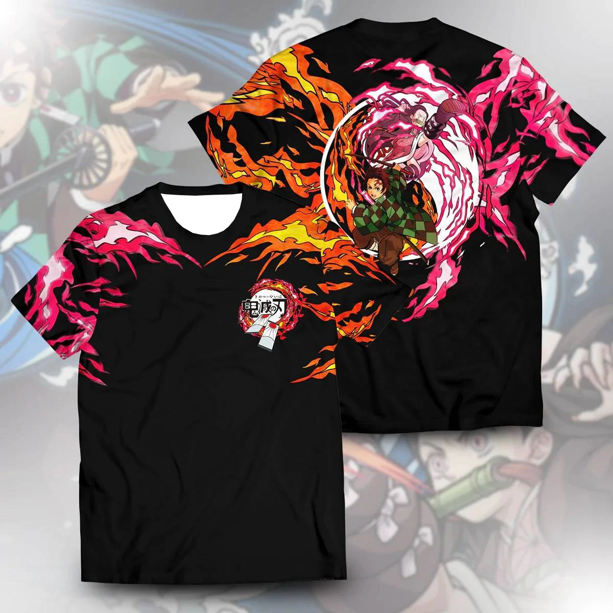 

Men's Demon Slayer Anime 3D Print T Shirt Tanjiro Kamado Character Graphic Tee with Flame & Circular Element Design for Casual