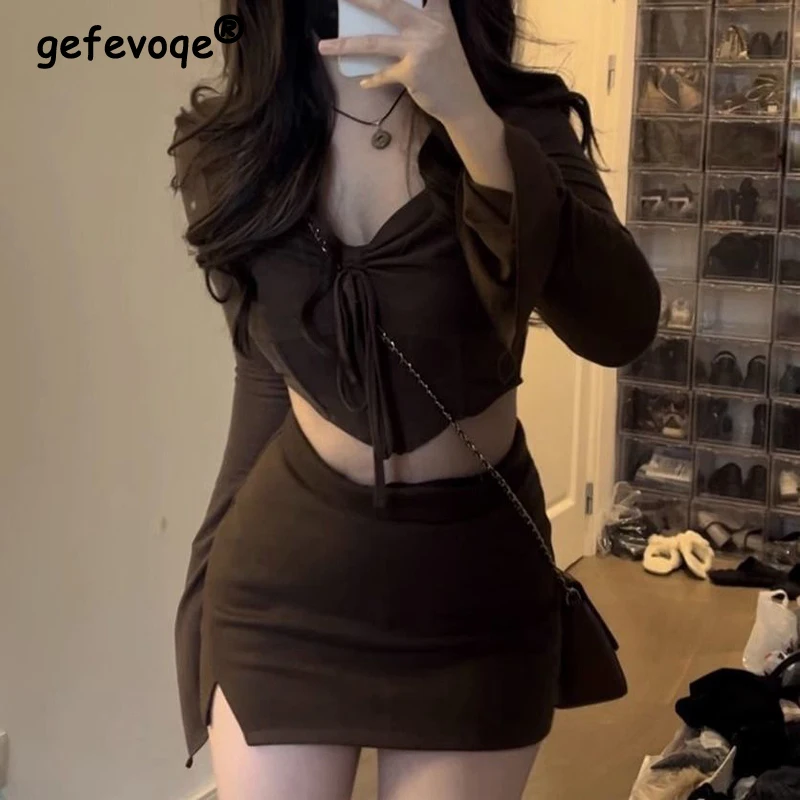 2-częściowe zestawy damskie Outfit Sexy Ruched Lace Up V Neck Long Sleeve Y2K Crop Tops Female Vintage Solid Bodycon Slit Club Mini Skirt