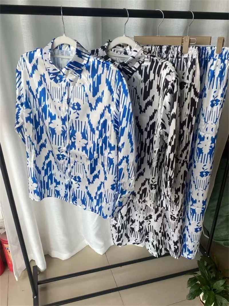 Conjunto de pantalones de dos piezas para mujer, camisas de manga larga con estampado de cuello vuelto, empalme de botones, holgado, elegante, dulce, pantalones de pierna ancha