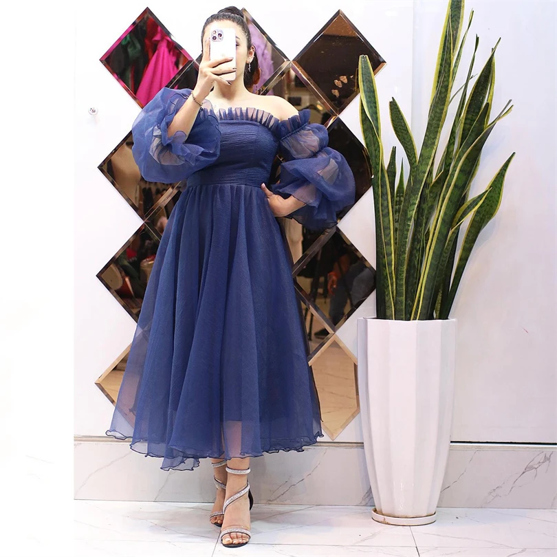 

Elegant Puff Long Sleeves Party Gowns Tulle Strapless Ankle-Length Formal Evening Dress A-Line Ruched Special Occasion Dresses