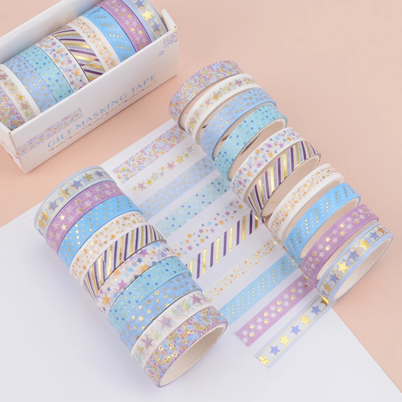 Cinta adhesiva decorativa de estrellas, suministros para diario escolar, papel de aluminio dorado, álbum de recortes, papelería Kawaii, 10 rollos