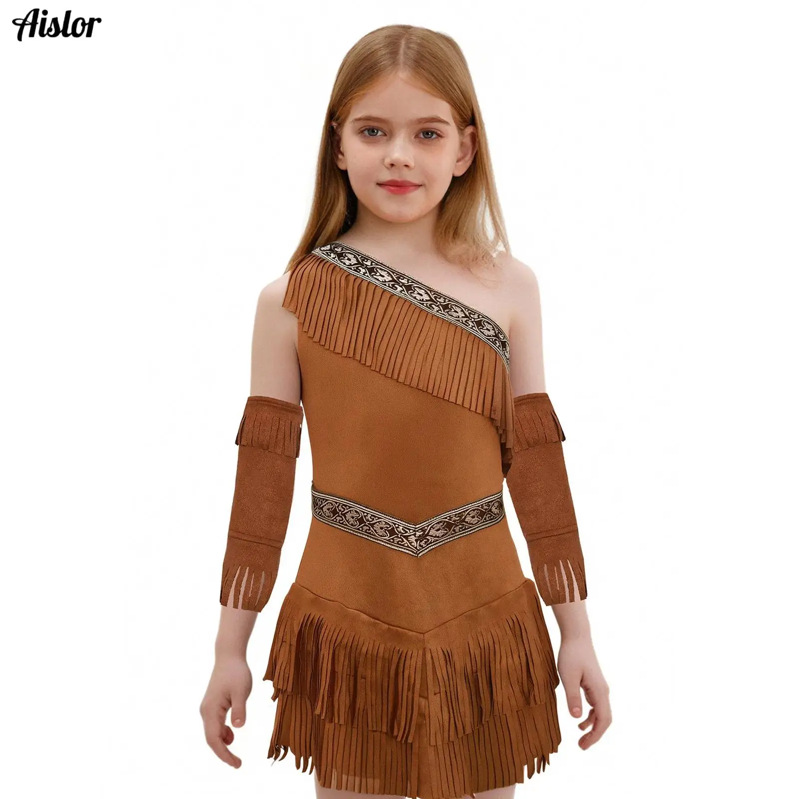 

Kids Girls Native American Princess Cosplay Outfit Halloween Fancy Dress Ball Costume One Shoulder Sleeveless Fringe Suede Dress