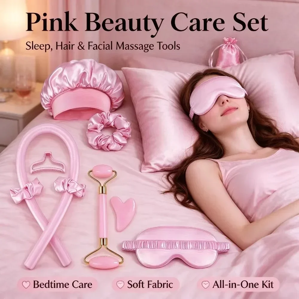 12/4Pcs No-Heat Curling Set Satin Hair Curler Rod with Scrunchies Claw Clips Eye Mask Bonnet Overnight Curls Gift for Women Pink