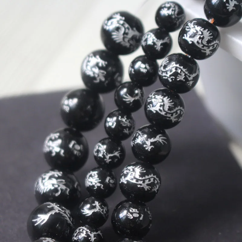 10Piece/lot 8mm 10mm 12mm 14mm Glass Beads Black Color with Carving  Silver Color Dragon  Fashion Beads For Jewelry Making