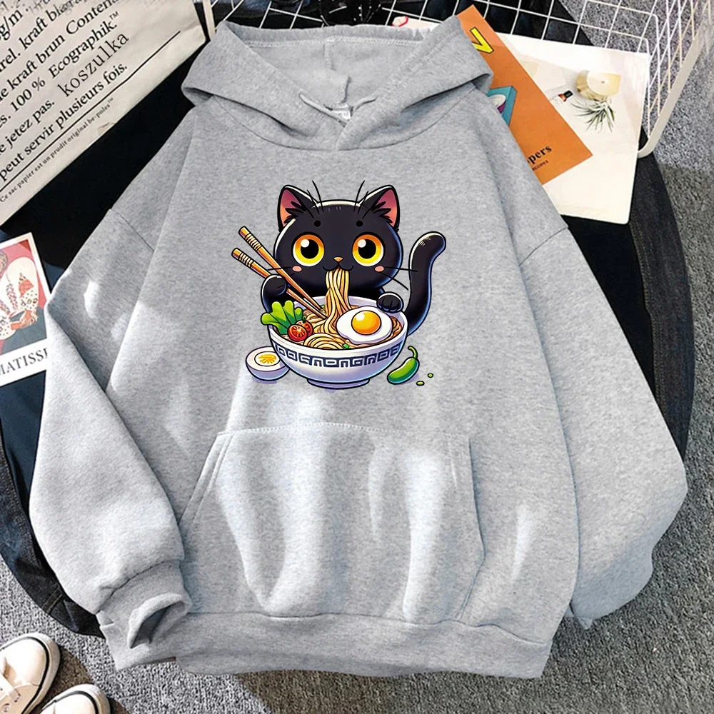 Funny Cute Cartoon Cat Noodle Graphic Hoodie Women Harajuku Letter Unisex Anime Aesthetic Pullovers Sweatshirts Unisex