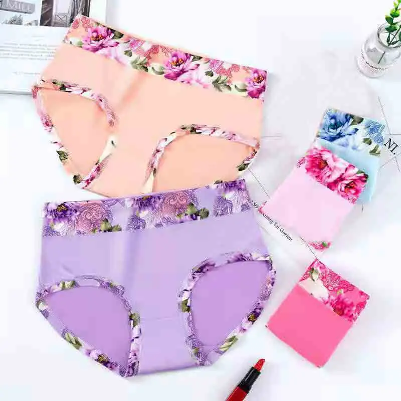 New 5Pcs/Lot Women Underwear Cotton Panties Plus Size Floral Breifs Sexy Lingeries Female Seamless Underpants Ladies Print Panty