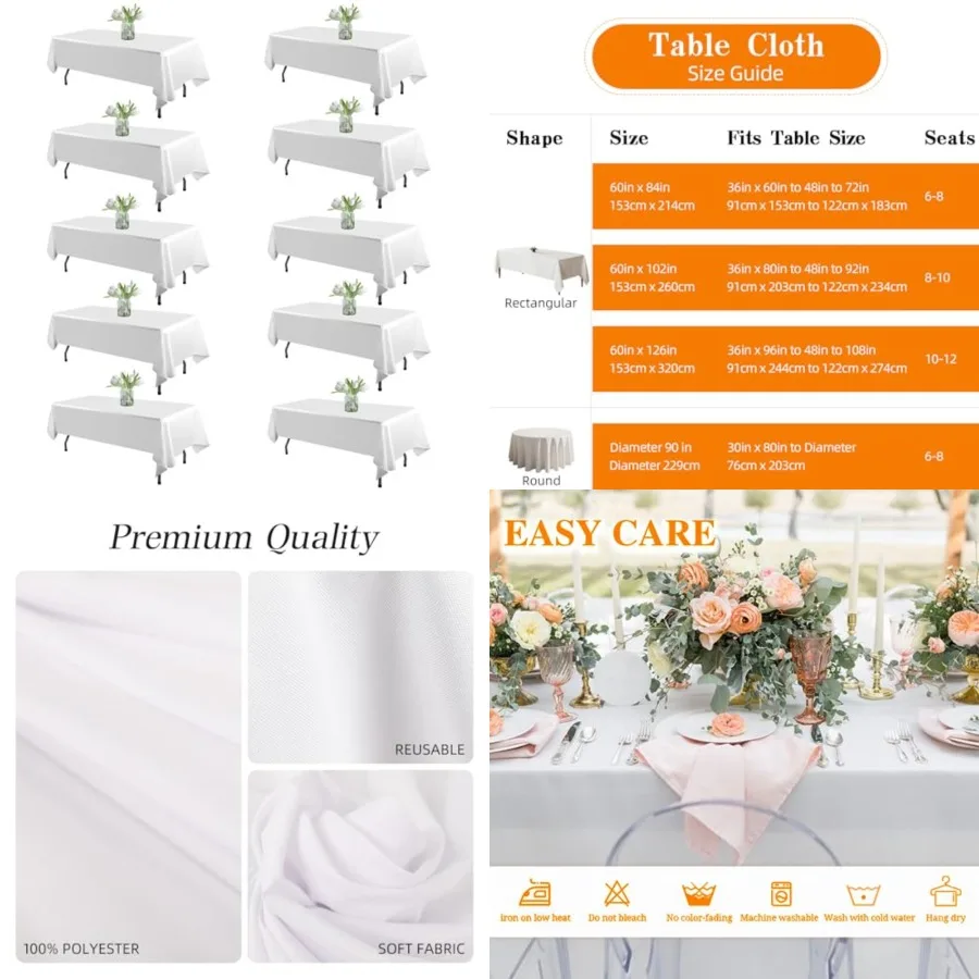

10 Pack Table Cloth Rectangle Tablecloths 60X102 Inch, Polyester Table Cloth for 6 Feet Rectangle Tables, Wrinkle Resistant Was