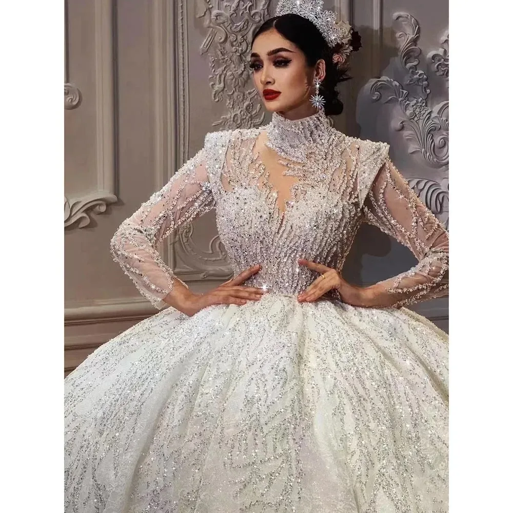 Customized New Luxury Beading Sequined Bride Wedding Dresses High Collar Lace Appliques Chapel Train Ball Gowns Plus Size dress