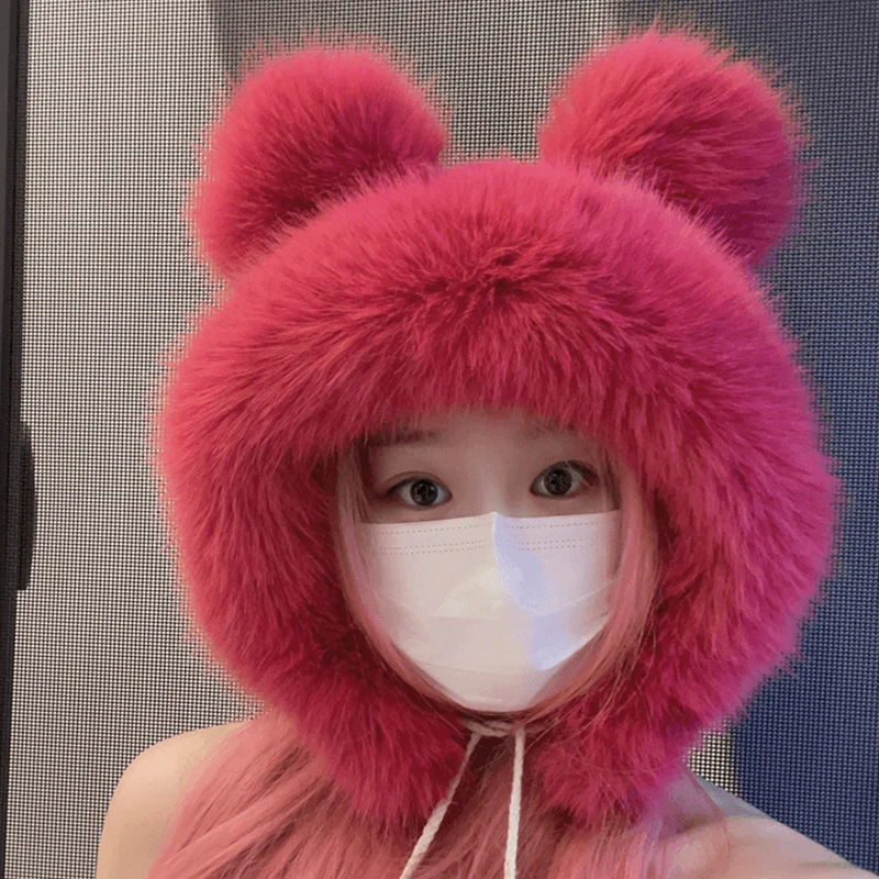 

Imitation Fox Fur Winter Fashion Trends Sweet And Cute Knitted Woolen Lri Feng Hat Plush Thick And Warm Hat Ear Protection