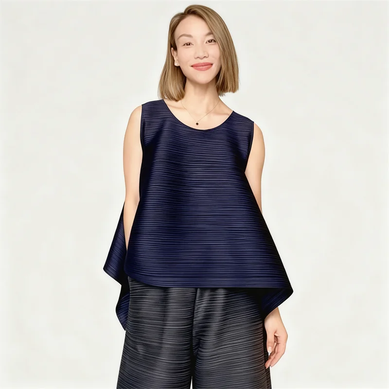 

Miyake Pleated Women's Summer Solid Color Tops Sleeveless Round Neck Fashion Loose Daily Simple Easy To Wear Commuting Vest