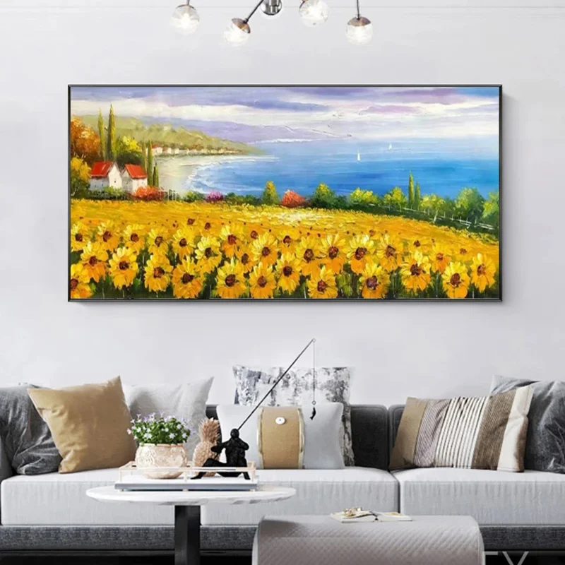 Oil Painting on Canvas, Hand-Painted Sunflower Fields Oil Painting, Handmade Abstract 3D Flower Painting for Living Room Decor