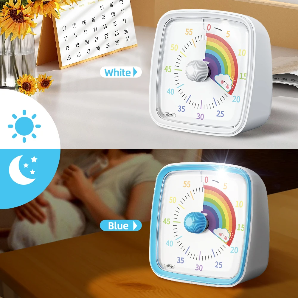 Visual Rainbow Timer with Night Light 60-Minute Kitchen Timer Cooking Timer Countdown Silent Classroom Timer for Kids and Adults