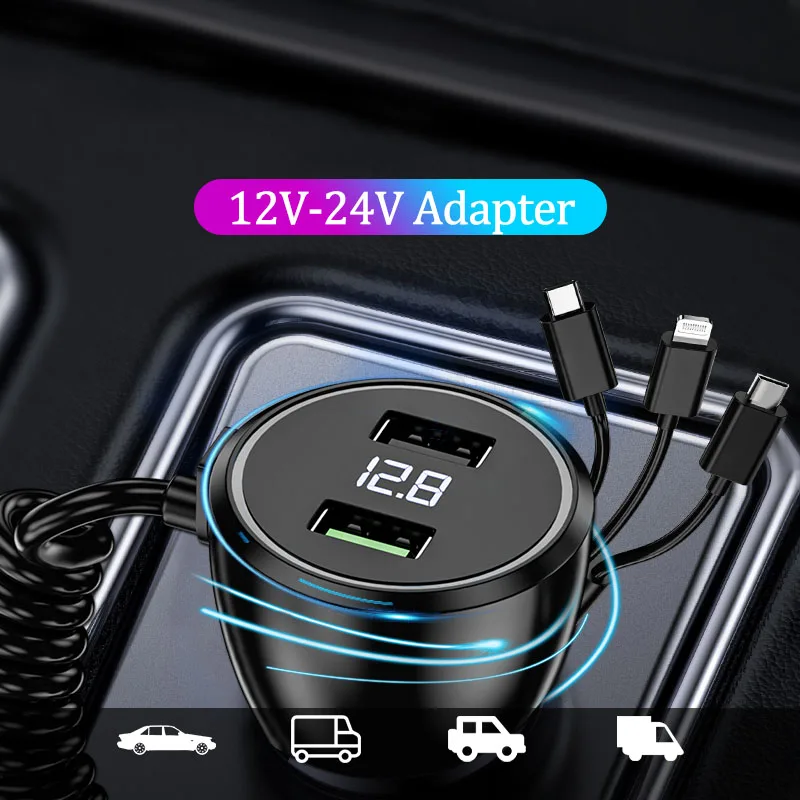 Car Charger USB Type C Fast Charging 5 Connections Phone Adapter for iPhone 14 13 Xiaomi Huawei Samsung Quick Charge 5 Interface