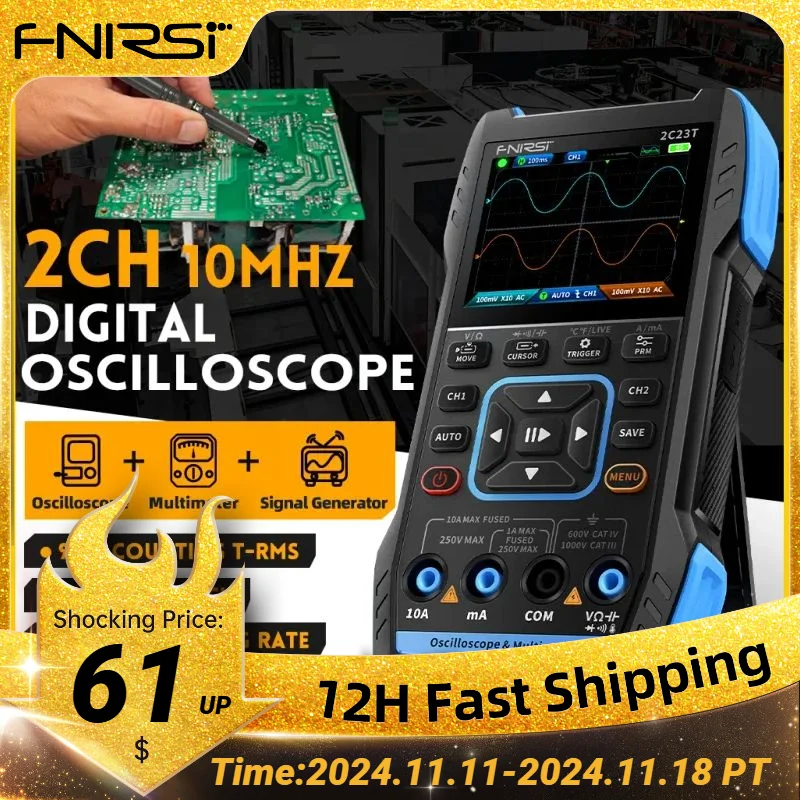 FNIRSI 2C23T Digital Oscilloscope Multimeter+ DDS Signal Generator 3-in-1 10MHz*2 50M Sample rate ACDC Voltage Diode 2MHz Output