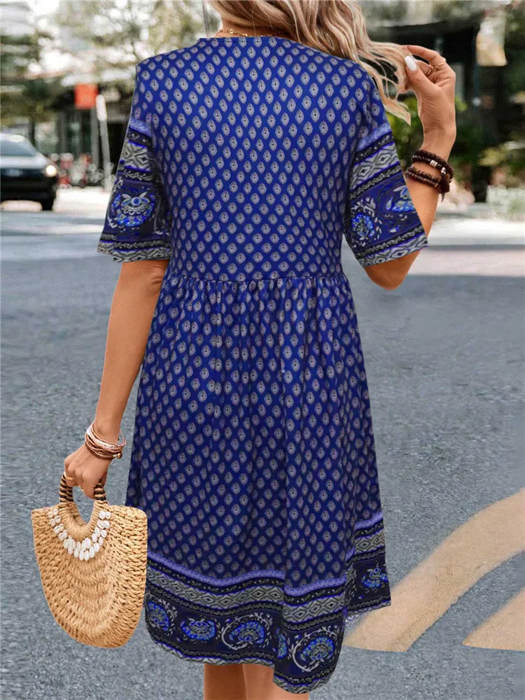 Vestido de verano con estampado 3D de estilo étnico para mujer, traje Midi holgado de manga corta con cuello en V, Estilo Vintage, informal, hasta