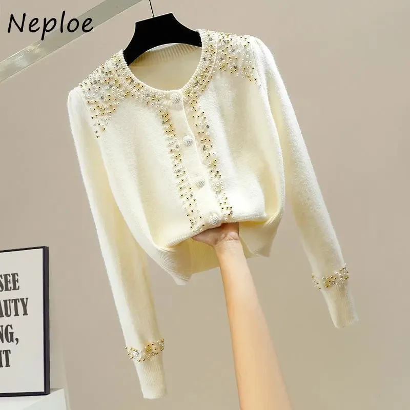 Neploe O Neck Beading Diamonds Outerwear Autumn  Solid Color Long Sleeve Single-breasted Sweater Y2k Clothes Cardigan Women