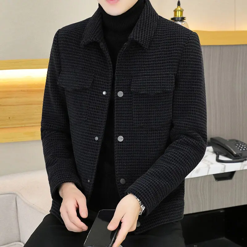 Casual Men's Plaid Short Woolen Coats 2026 Autumn Winter Streetwear Slim Fit Windbreaker Jackets Clothing  Checkered Tops Parkas
