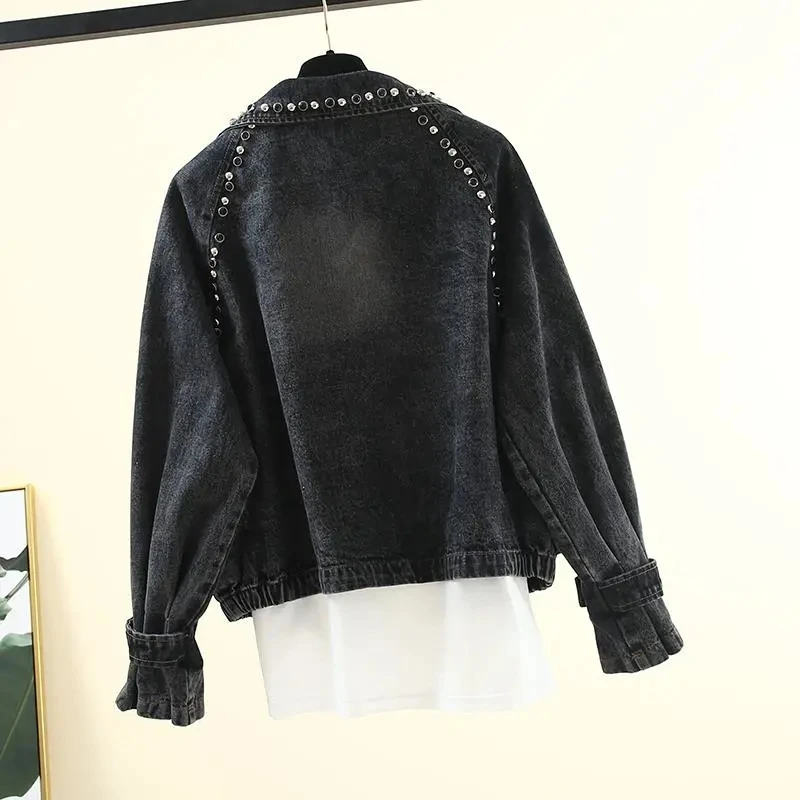 Turn-down Collar Nail Bead Denim Jacket Women Loose Zipper Outwear Jean Coat Female Spring And Autumn Jacket Blue Black Jackets