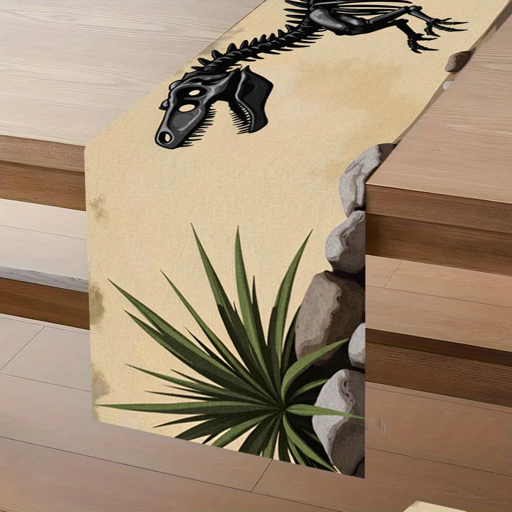 1PC Dinosaur Skeleton 2D Printed Table Runner, Polyester Tablecloth for Kitchen Dining & Vanity Decor