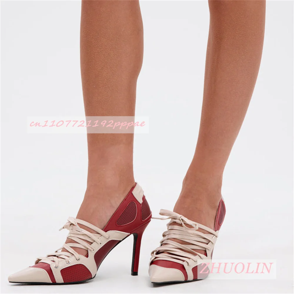 Women Camo Patchwork Perforated Pink Lace Up Pumps Pointed Toe Stiletto Heels Tie Streetwear Club Y2k Formal Dress Footwear 46 - view 4