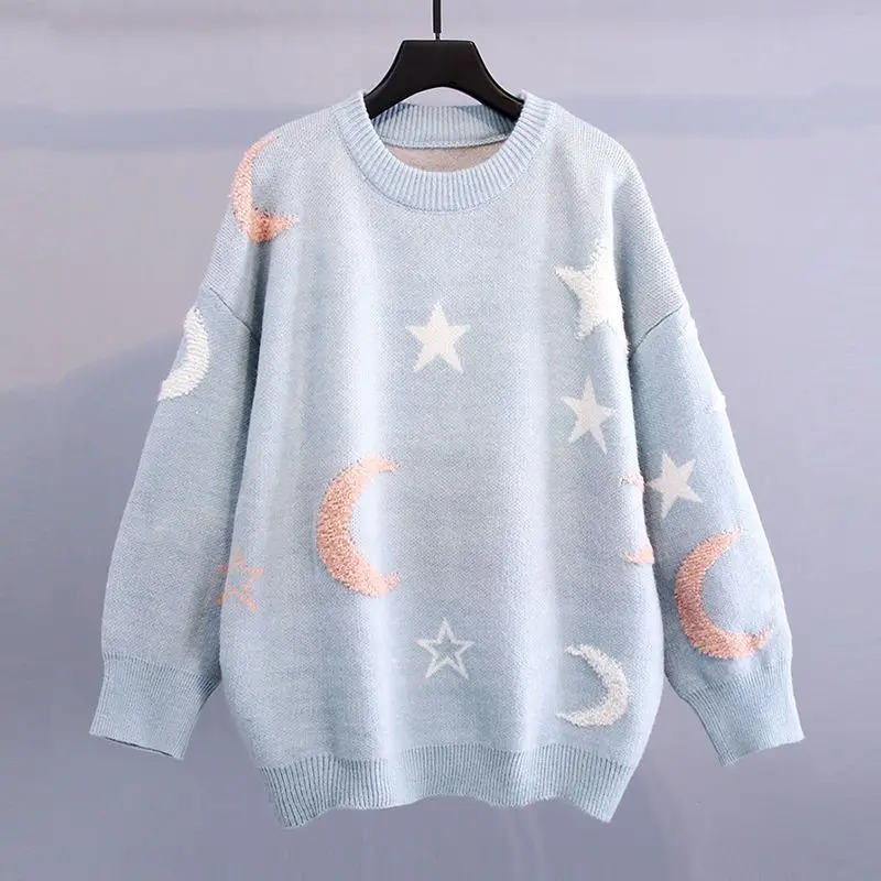 2023 Autumn and Winter Korean Edition Small Fresh Loose Relaxed Round Neck Printed Student Knitted Thickened Pullover Sweater