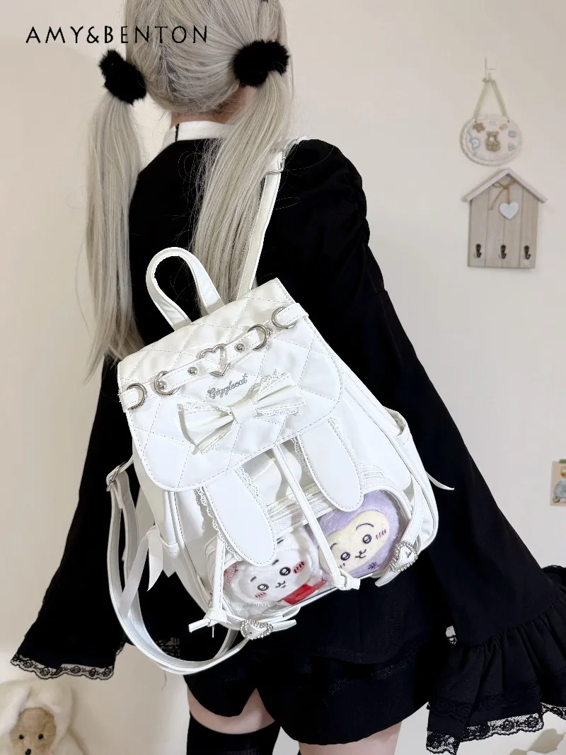 Japanese Lolita Mine Series Lace Bunny Ear Backpack Small Capacity Itabag Women Cute Bow Heart Rhinestone Buckle Kawaii Backpack