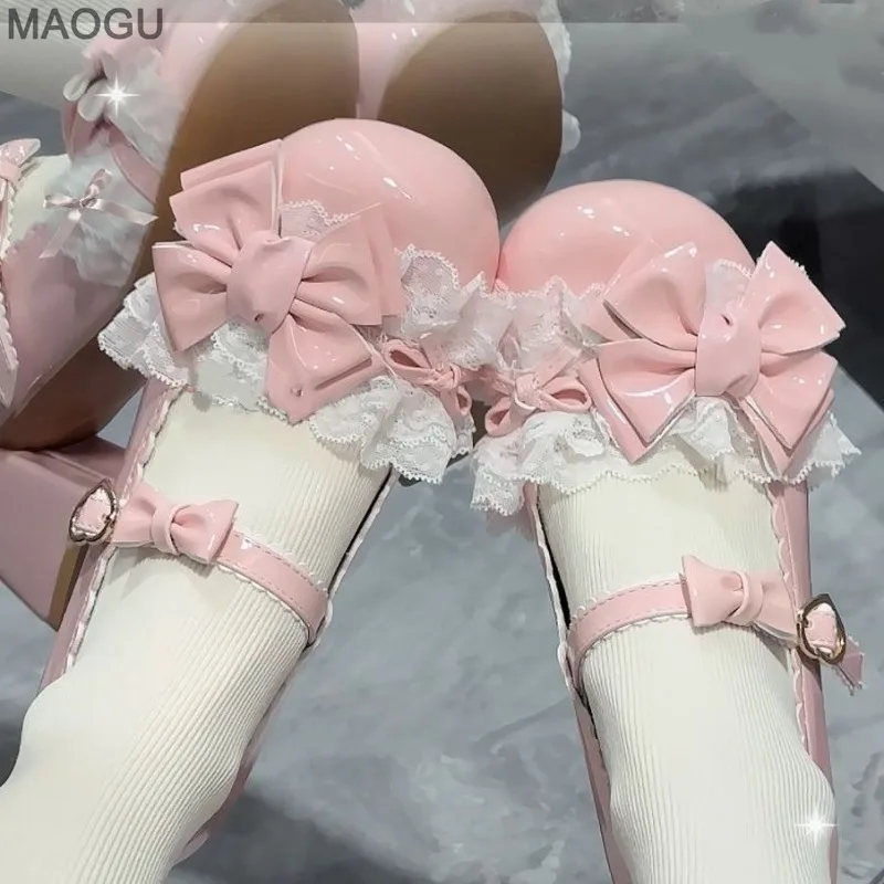 Lovely Mid-heel Women's Mary Jane Shoes Bowknot Lace Cute Lolita Shoes Round Toe Chunky Heel Sweet Pumps Size35 Zapatos De Mujer